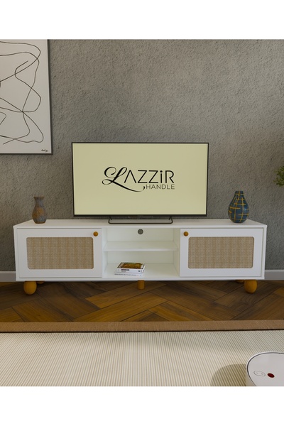 lazzir handle MDF Bohem Televizyon Ünitesi Beyaz-Hazeran rattan 2 kapaklı Yaş...