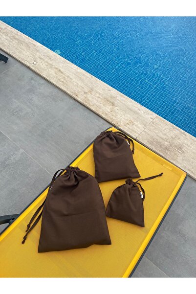 Sumicorn Design Kahverengi Ekolojik Bez Kese, Büzgülü İpli Bavul Düzenleyici Kese,Seyahat Çantası,3'lü Set