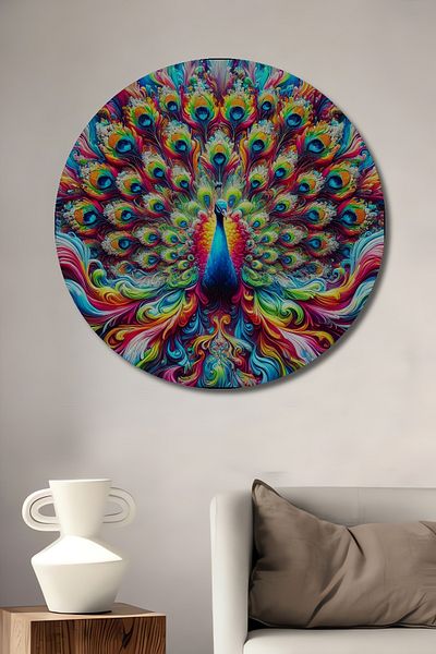 Teona Ahşap Păun colorat decorativ din lemn MDF rotund pentru acasă, pictură murală la locul de muncă