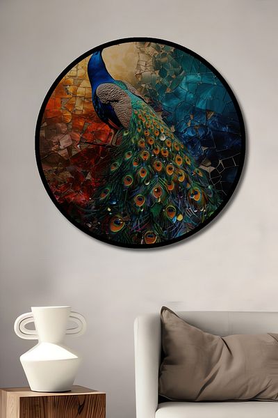 Teona Ahşap Păun colorat decorativ din lemn MDF rotund pentru acasă, pictură murală la locul de muncă