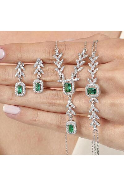 Mia Vento Pırlanta Montür Emerald Buketi Sentetik Zümrüt Gümüş Üçlü Set