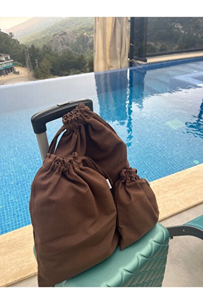 Sumicorn Design Kahverengi Ekolojik Bez Kese, Büzgülü İpli Bavul Düzenleyici Kese,Seyahat Çantası,3'lü Set