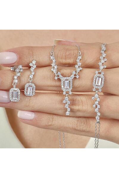 Mia Vento Pırlanta Montür Işıltılı Emerald Üçlü Gümüş Set