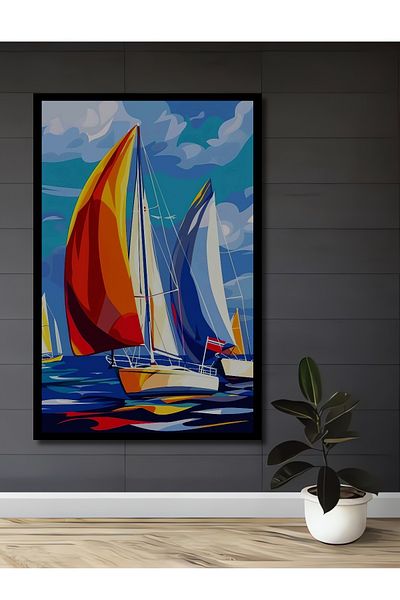 Teona Ahşap Barcă cu pânze colorată din lemn MDF dreptunghiular decorativ pentru casă, pictură murală la locul de muncă