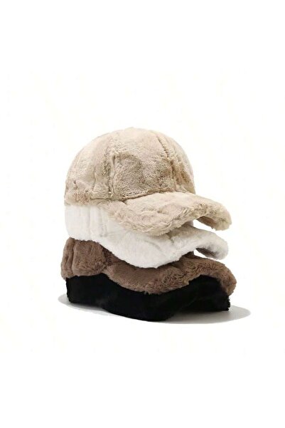Melodi Scarf Kadın Kışlık Peluş Baseball Kep Şapka Gri