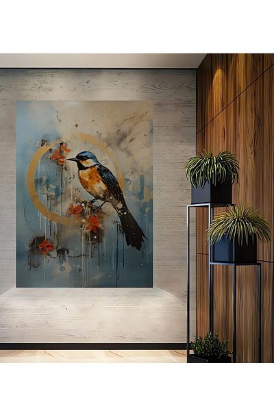 Teona Ahşap Pictură murală dreptunghiulară din lemn MDF decorativă cu flori de pasăre albastră
