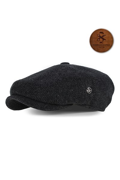 KARNAS ŞAPKA Tommy Shelby Cap - Dark Grey Black Stripes, Woolen Stamps, Sweat-Proof Satin Lined Personality Long Hat