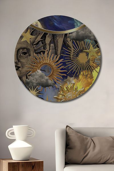 Teona Ahşap Soare și stele din lemn MDF rotund decorativ pentru casă, loc de muncă pictură murală