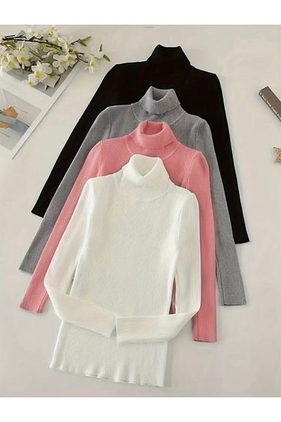Buteks New - Pink 4-Piece Color Pack, Premium Cotton Turtleneck Slimfit Camisole High Top Sweater
