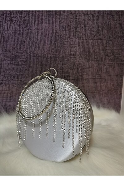 NAZART Women's Luxury Stone Satin Silver Round Gown Clutch Portfolio Gown Night Wedding Bag