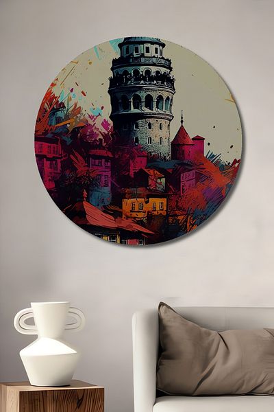 Teona Ahşap Turnul Galata din lemn colorat MDF rotund decorativ pentru casa, loc de munca pictura pe perete