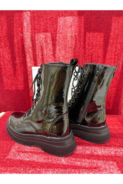 MYSSTORE Kadın Bagcıklı İçi Yünlü Parlak Uzun Siyah Bot