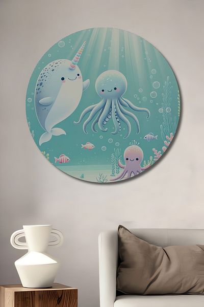 Teona Ahşap Cute Sea Creatures Lemn MDF Rotund Decorativ Acasă, Locul de Muncă Pictură Murală
