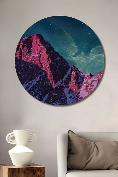 Teona Ahşap Cer înstelat și munți roz din lemn MDF rotund decorativ pentru casă, loc de muncă pictură murală
