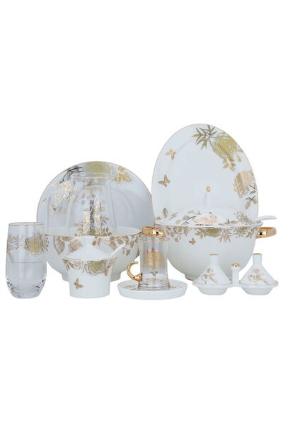 Alsaif Gallery White porcelain dining set with golden rose pattern, 62 pieces