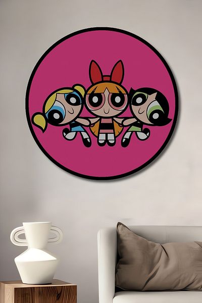 Teona Ahşap Casa decorativă rotundă din lemn MDF The Powerpuff Girls, pictură murală la locul de muncă