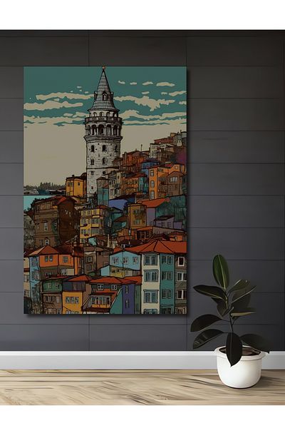 Teona Ahşap Turnul Galata din lemn colorat MDF dreptunghiular decorativ pentru casa, locul de munca pictura pe perete