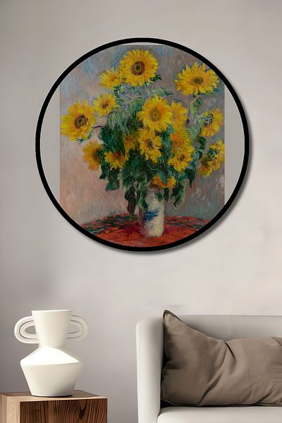 Teona Ahşap Monet Buchet de floarea soarelui Decorativ din lemn MDF rotund pentru casa, locul de munca pictura pe perete