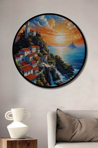 Teona Ahşap Fermecătoare peisaj de apus de soare din lemn MDF rotund decorativ pentru casă, loc de muncă pictură murală