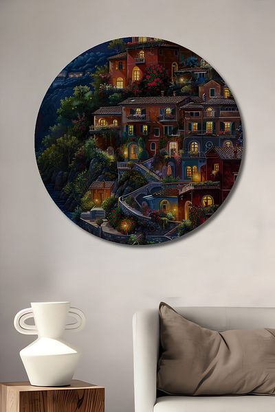 Teona Ahşap Casa rotundă din lemn MDF decorativă cu vedere la noapte strălucitoare, pictură murală la locul de muncă