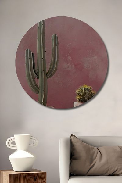 Teona Ahşap Casa rotundă din lemn MDF decorativă cactus pe fundal roz, pictură murală la locul de muncă
