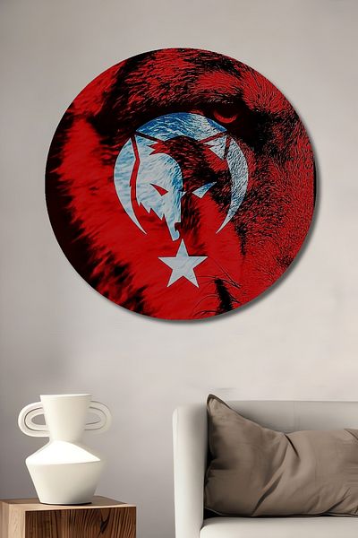 Teona Ahşap Casă rotundă din lemn MDF decorativă cu motiv lup, pictură murală la locul de muncă