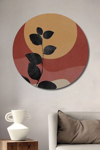 Teona Ahşap Siluetă de frunze la apus de soare, din lemn decorativ MDF, rotund, pictură murală pentru locul de muncă