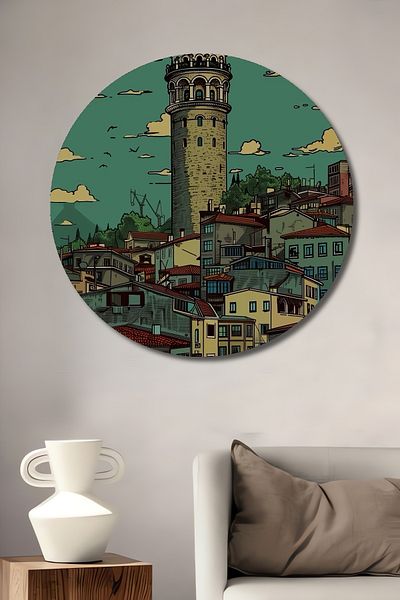 Teona Ahşap Vedere de la Turnul Galata Casa rotunda din lemn decorativ MDF, pictura pe perete la locul de munca