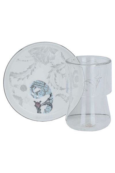 Alsaif Gallery A set of tea cans with a white porcelain saucer engraved with Arabic letters in silver, 12 pieces