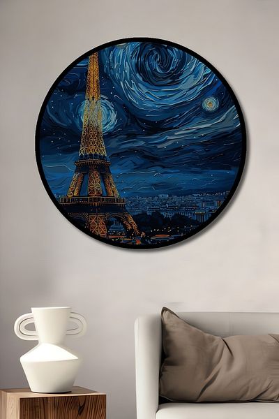 Teona Ahşap Noapte înstelată Turnul Eiffel Van Gogh Lemn MDF Rotund Decorativ Acasă, Locul de muncă Pictură murală
