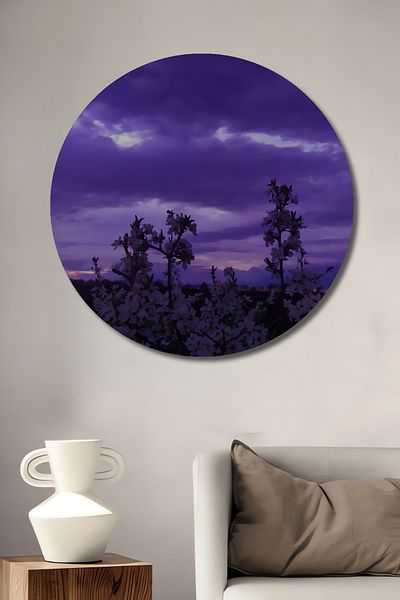 Teona Ahşap Flori pe apus violet Decorativ din lemn MDF rotund pentru casa, locul de munca pictura pe perete