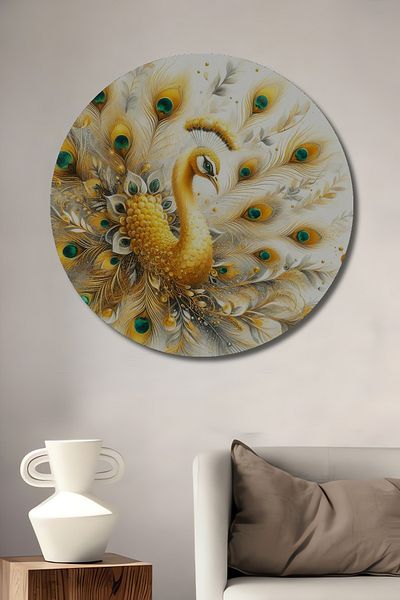 Teona Ahşap Păun de aur decorativ din lemn MDF rotund pentru casă, pictură murală la locul de muncă