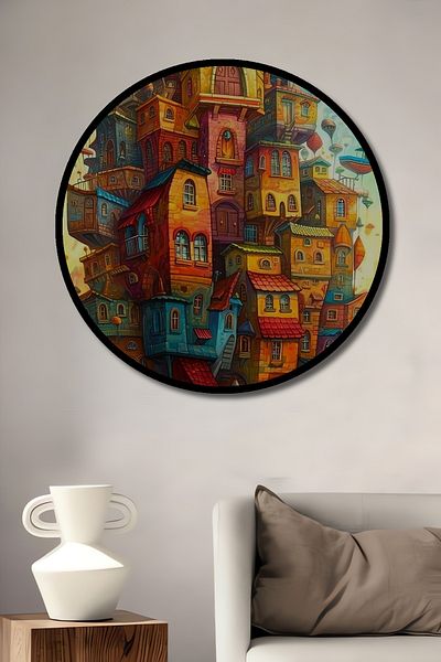 Teona Ahşap Vise Colorate City Decorativ Lemn MDF Casă Rotundă, Pictură Perete Loc de Muncă