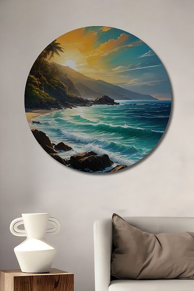 Teona Ahşap Pictură de perete rotundă din lemn MDF decorativă cu apus tropical pentru acasă, locul de muncă