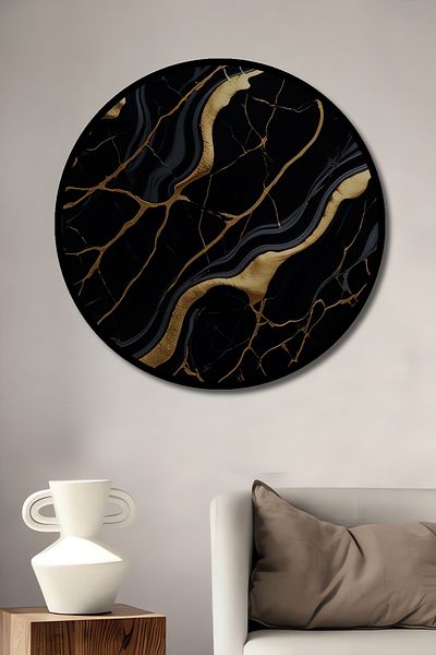 Teona Ahşap Auriu Negru Marmură Model Decorativ Lemn MDF Rotund Acasă, Locul de Muncă Pictură Perete