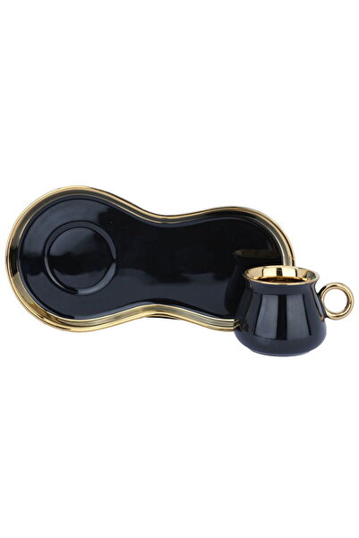 Alsaif Gallery Black and gold corrugated Turkish coffee cup set, 12 pieces