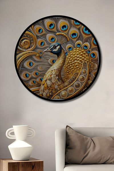 Teona Ahşap Păun strălucitor din lemn MDF rotund decorativ pentru casă, pictură murală la locul de muncă