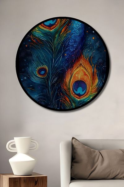 Teona Ahşap Casă rotundă din lemn MDF decorativă cu păun legendar, pictură murală la locul de muncă