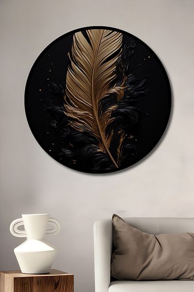 Teona Ahşap Pictură de perete rotundă din lemn MDF decorativ cu pene aurii