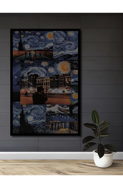 Teona Ahşap Van Gogh Noaptea înstelată Lemn MDF dreptunghiular decorativ pentru casă, loc de muncă pictură murală