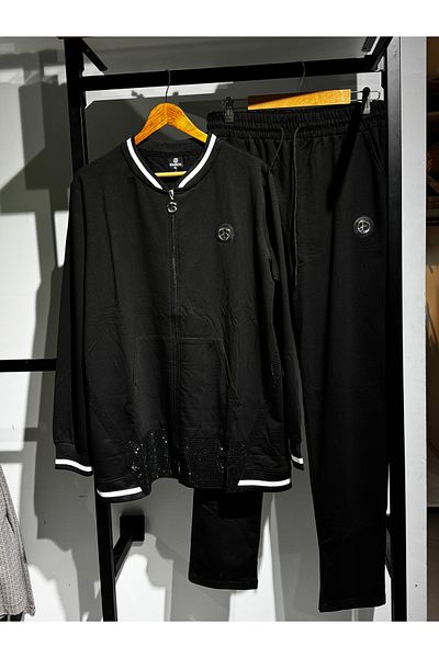 Posh Chic Large Size Black Stone Detailed Tracksuit Set