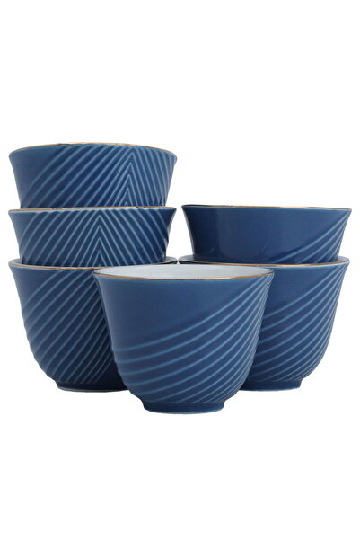 Alsaif Gallery A set of blue porcelain Arabic coffee cups with a golden font,...