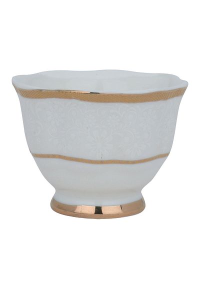 Alsaif Gallery A set of white porcelain coffee cups embossed with gold script, 12 pieces