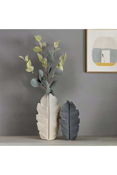 Lui Tasarım Modern Iskandinav Bohem Yaprak Vazo 2li Set Krem Vizon Rengi