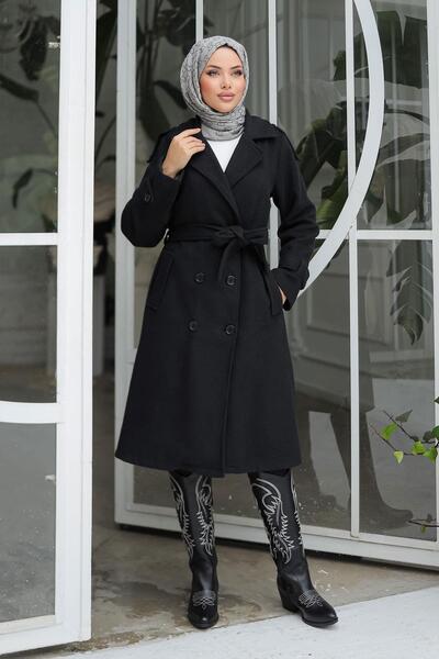 MİSSKAYLE Apolet Detaylı Kaşe Kaban Siyah