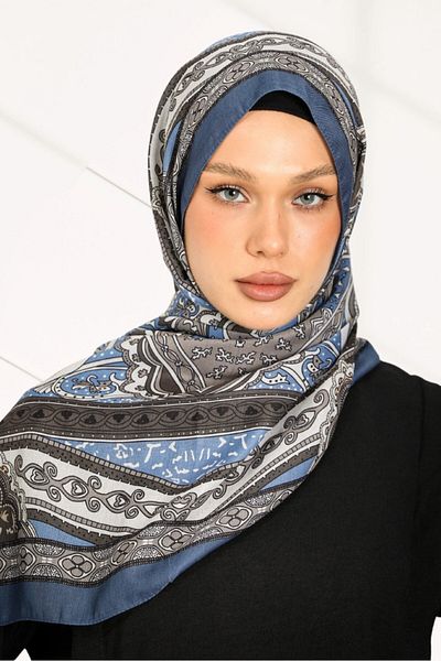 hijabchi Σειρά ρετρό έθνικ μοτίβο βαμβακερό μαλακό σάλι - Νέα συλλογή - Indigo