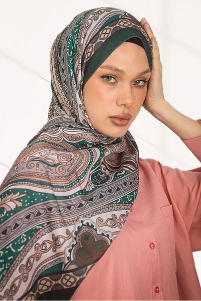 hijabchi Σειρά ρετρό έθνικ μοτίβο βαμβακερό μαλακό σάλι - Νέα συλλογή - Emerald Green