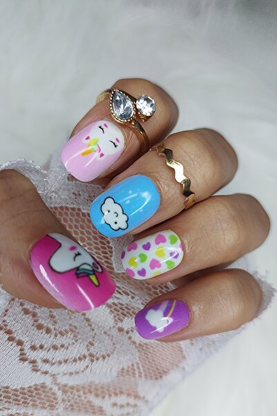 Easy Beauty 24 Adet Çocuklar için Renkli Kısa Takma Tırnak Yapıştırıcı Hediye...