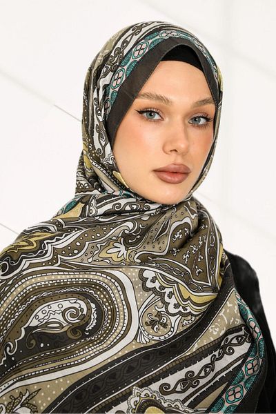 hijabchi Σειρά ρετρό έθνικ μοτίβο βαμβακερό μαλακό σάλι - Νέα συλλογή - Σκούρο πράσινο