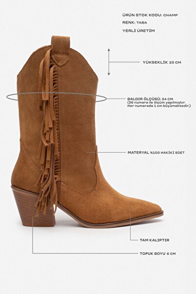 NİŞANTAŞI SHOES Champ Tan Γνήσιο Suede Leather Tassel Detail Γυναικείες μπότες Dallas με χοντρό τακούνι